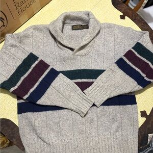Vintage Eddie Bauer Men's Cream Sweater with Multicolor Stripes